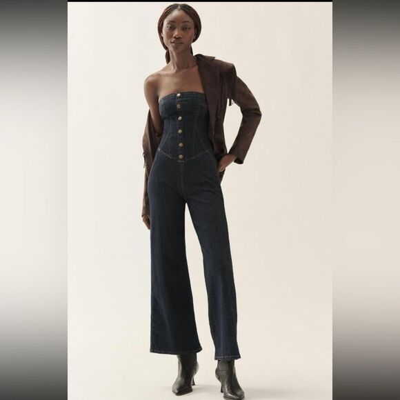 NEW! Anthropologie Pilcro Dark Denim Corset Wide Leg Jumpsuit - Size 12 - Picture 13 of 13